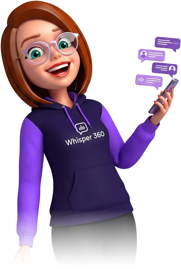 Winnie, the Whisper360 AI guide, holding a phone
